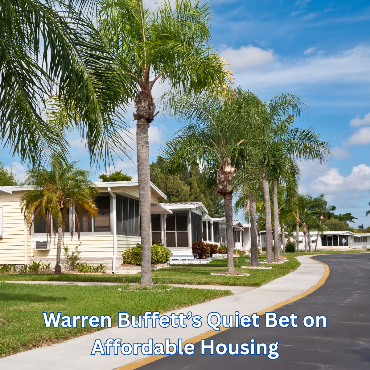 A clean, palm-lined mobile home park with modern manufactured homes under a bright blue sky.