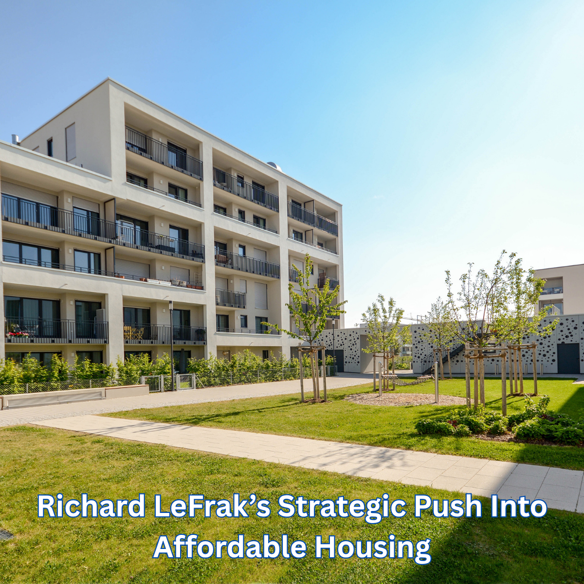 Modern apartment complex with landscaped green space, representing Richard LeFrak’s investment in affordable urban housing developments.